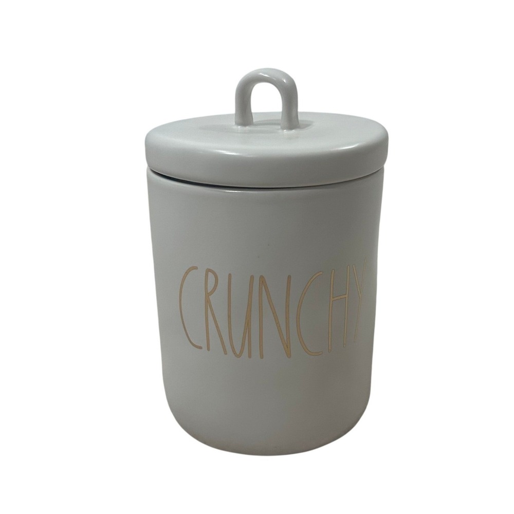 Rae Dunn CRUNCHY Ceramic‎ Canister White Gold Lettering Artisan Collection New